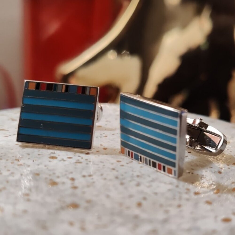 Paul Smith New Square Enameled Striped Logo Cufflinks Silver Tone